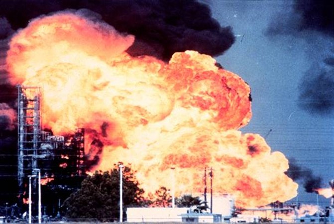 Flammable material release with fire and explosion